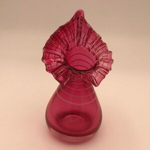 VTG Blown Cranberry Glass Jack in the Pulpit Vase w/ Applied White Striping‎